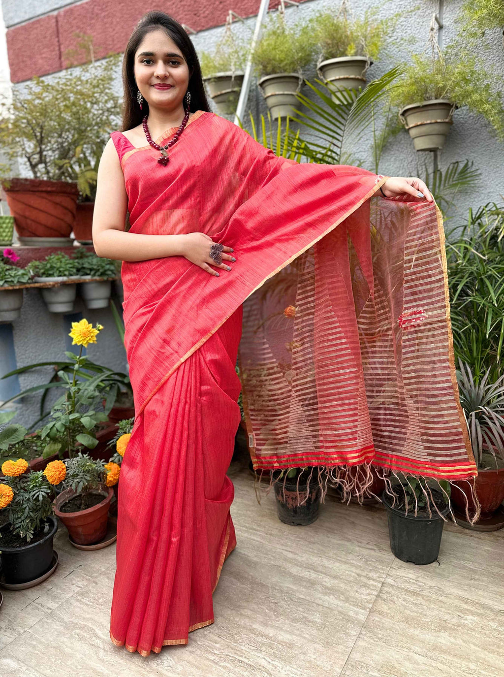 Pure handloom Orange Tussar Silk Saree with Jamdani work