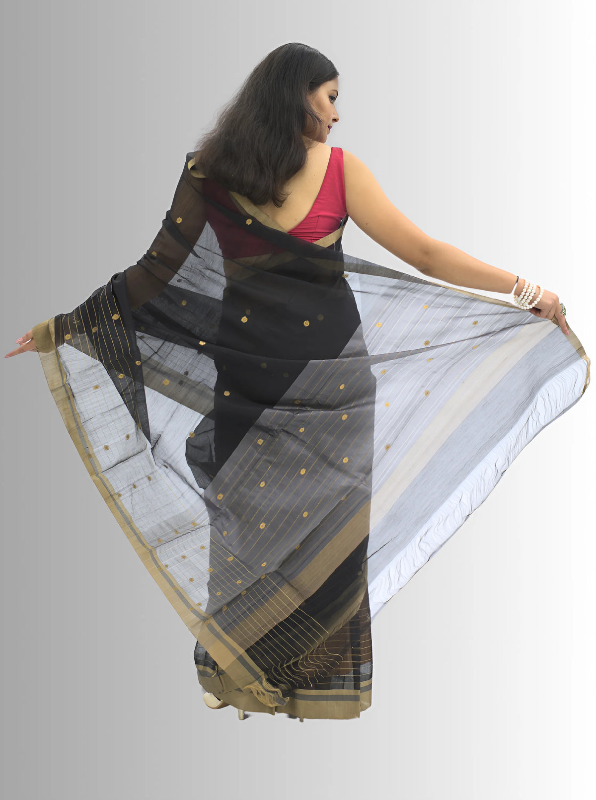 Chanderi Silk Black  Saree with Golden Zari Stripes Border