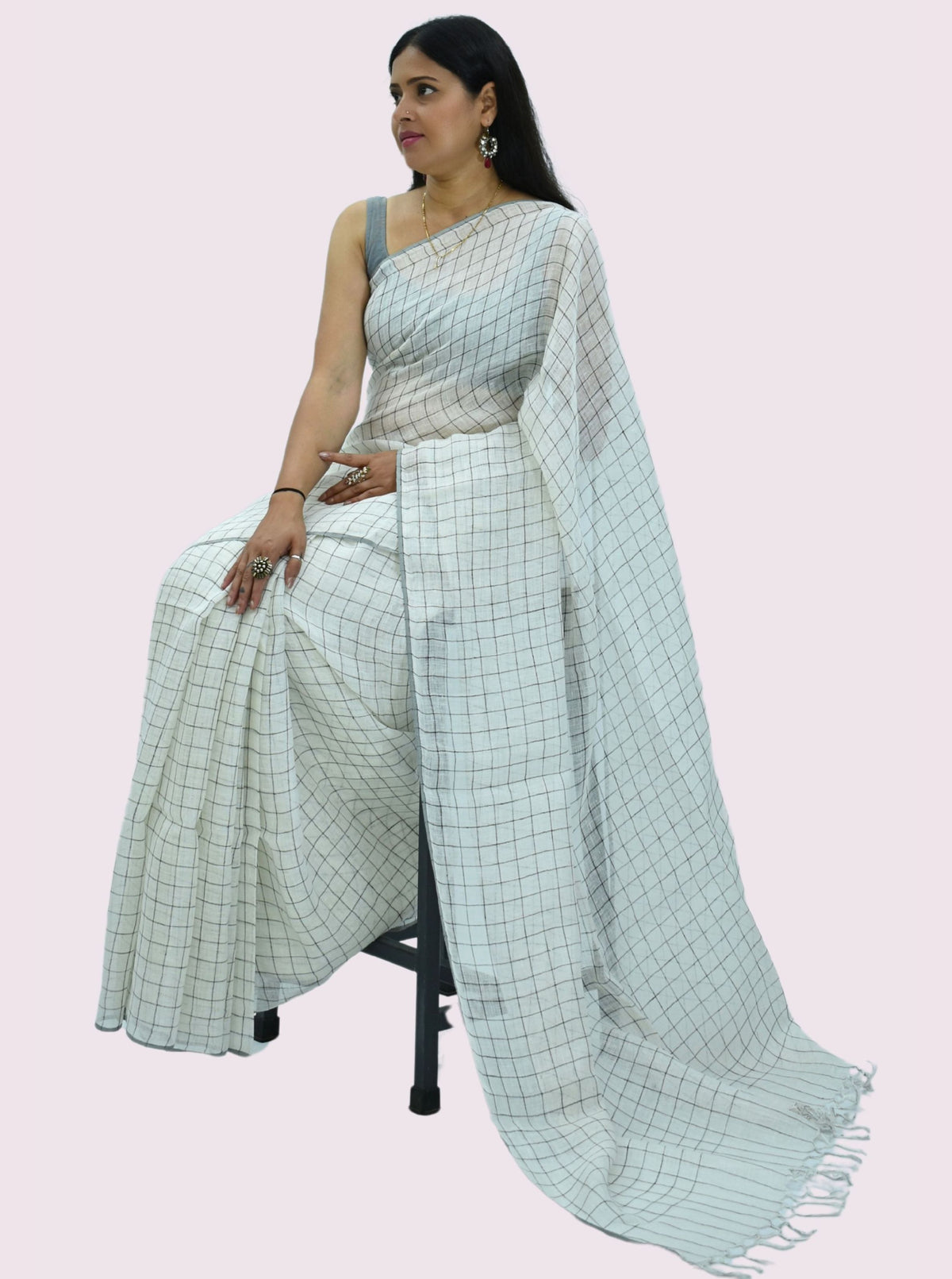 Pure Handloom Linen White Check Saree