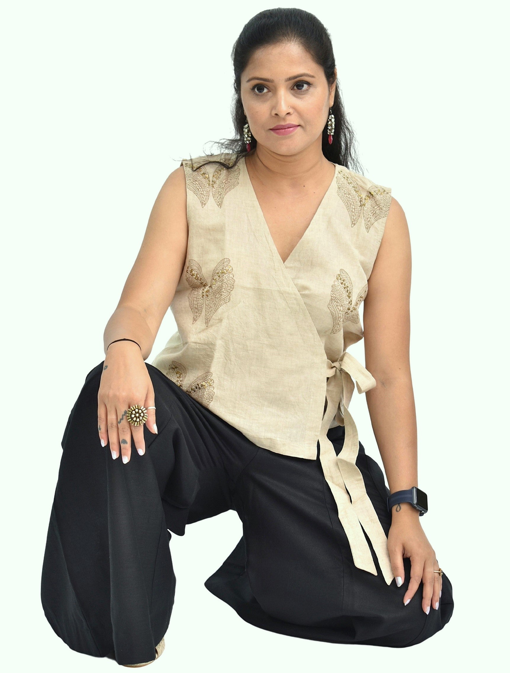 Pure Handloom Cotton Linen Earthy Beige Color Hand embroidered Top