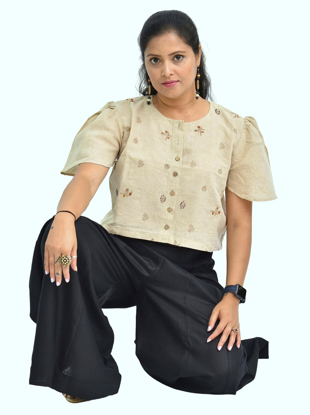 Pure Handloom Cotton Linen Earthy Beige Color Hand embroidered Top