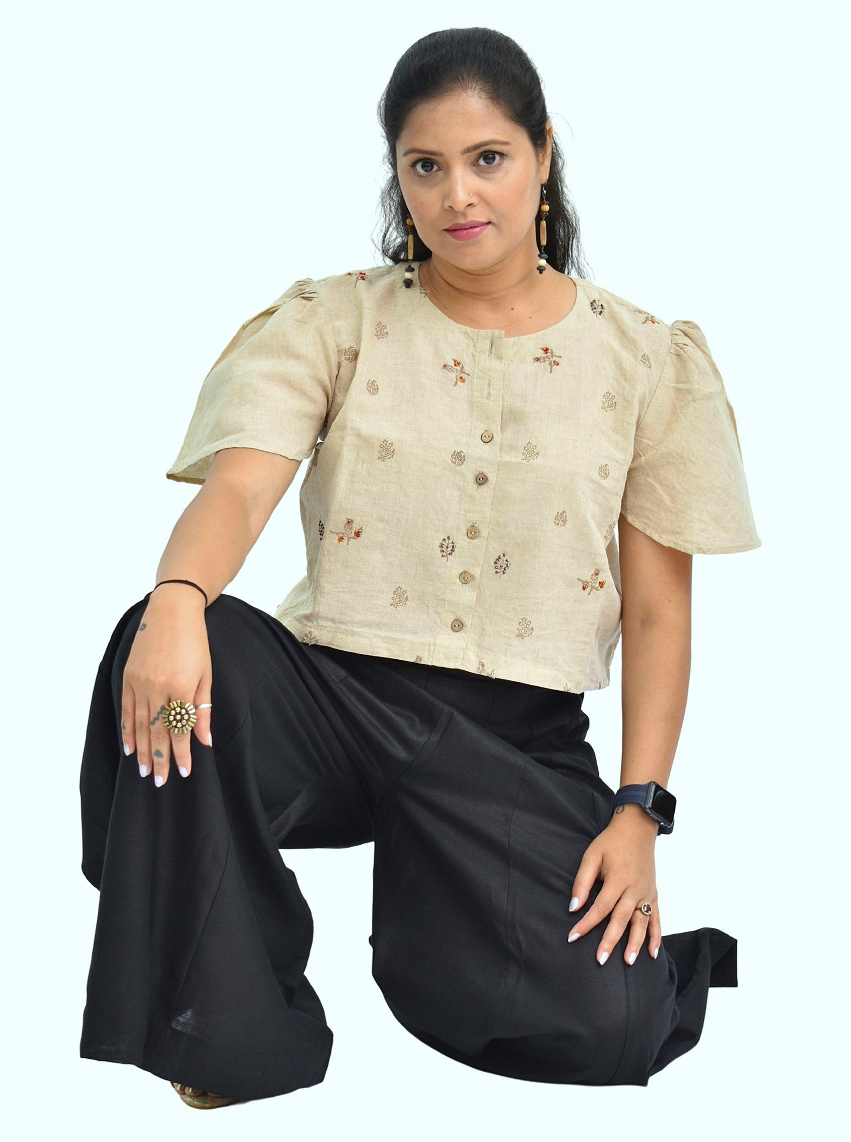 Pure Handloom Cotton Linen Earthy Beige Color Hand embroidered Top
