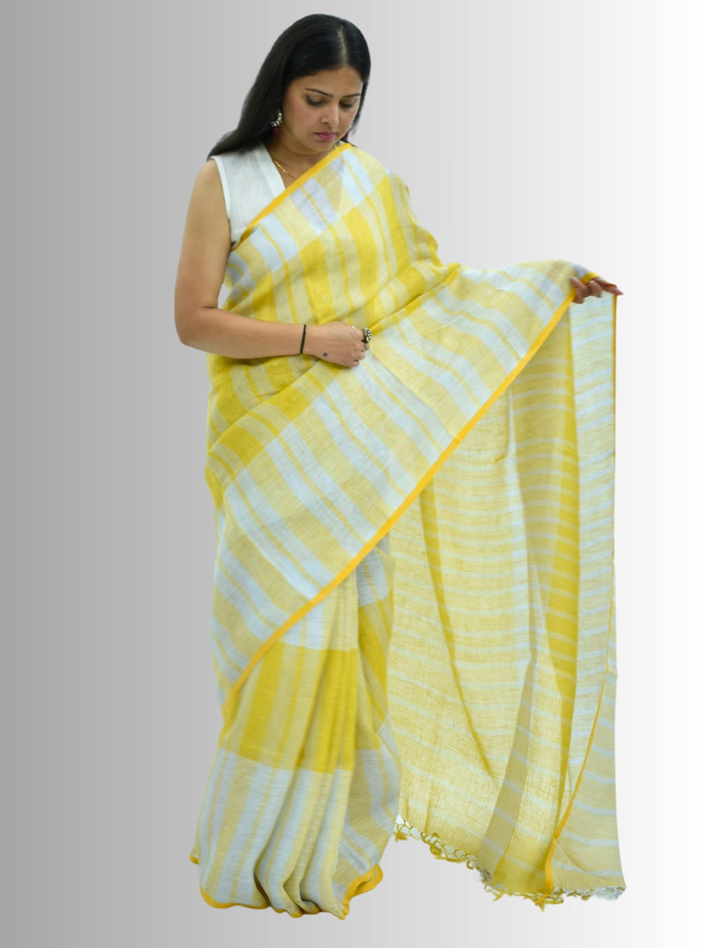 Pure Handloom Linen White & Yellow Saree