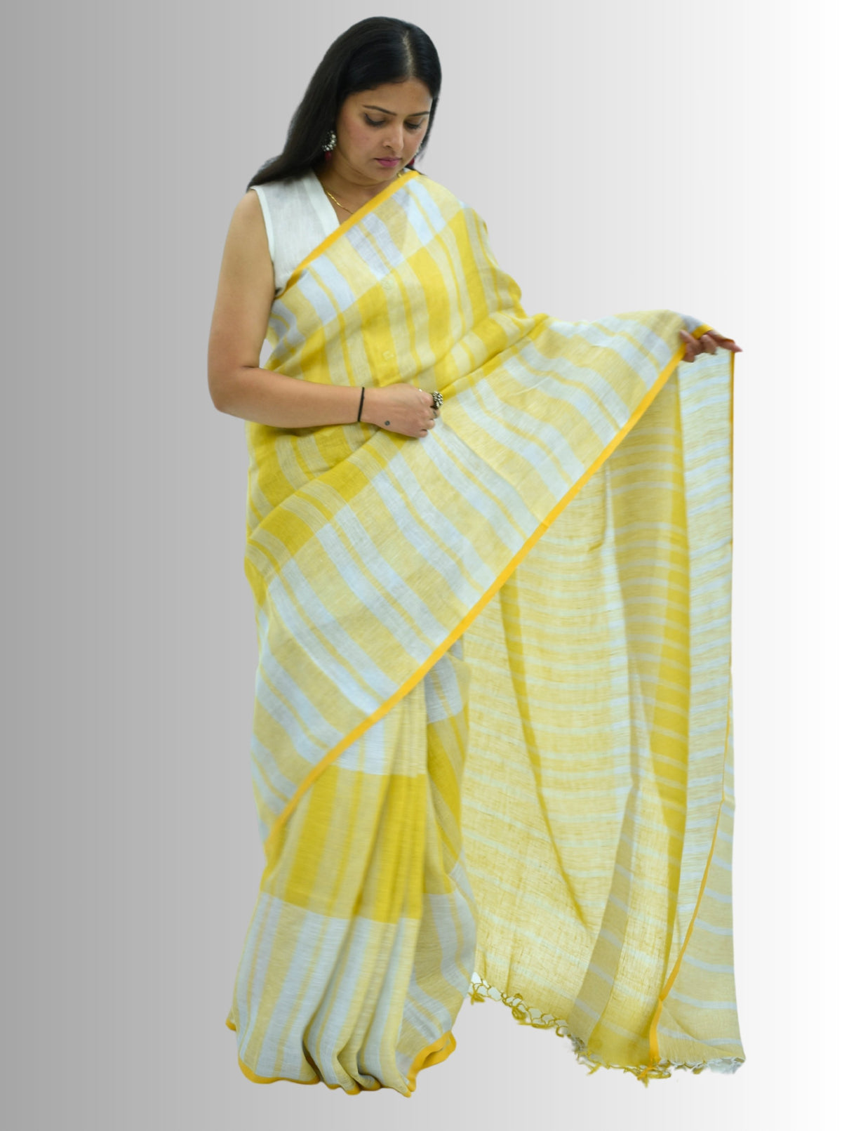 Pure Handloom Linen White & Yellow Saree