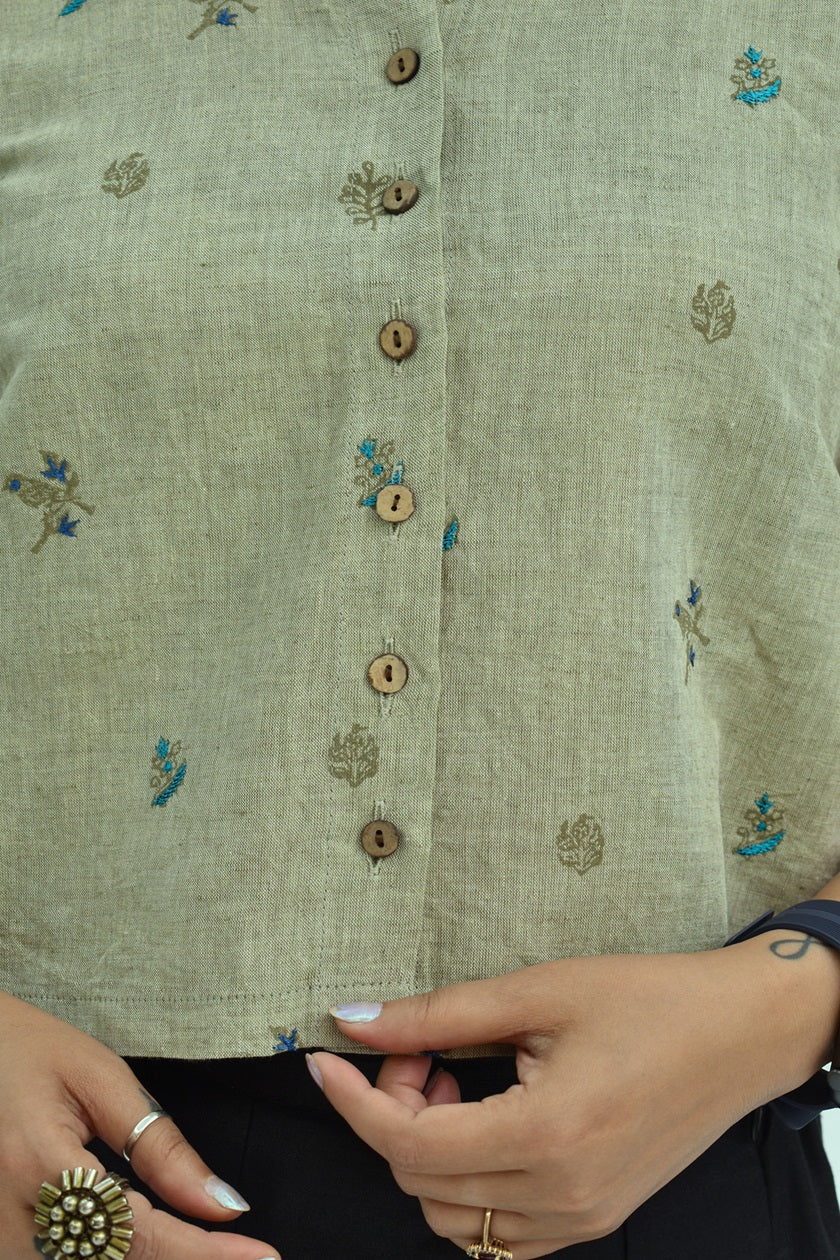 Pure Handloom Cotton Linen Earthy Green Color Hand embroidered Top