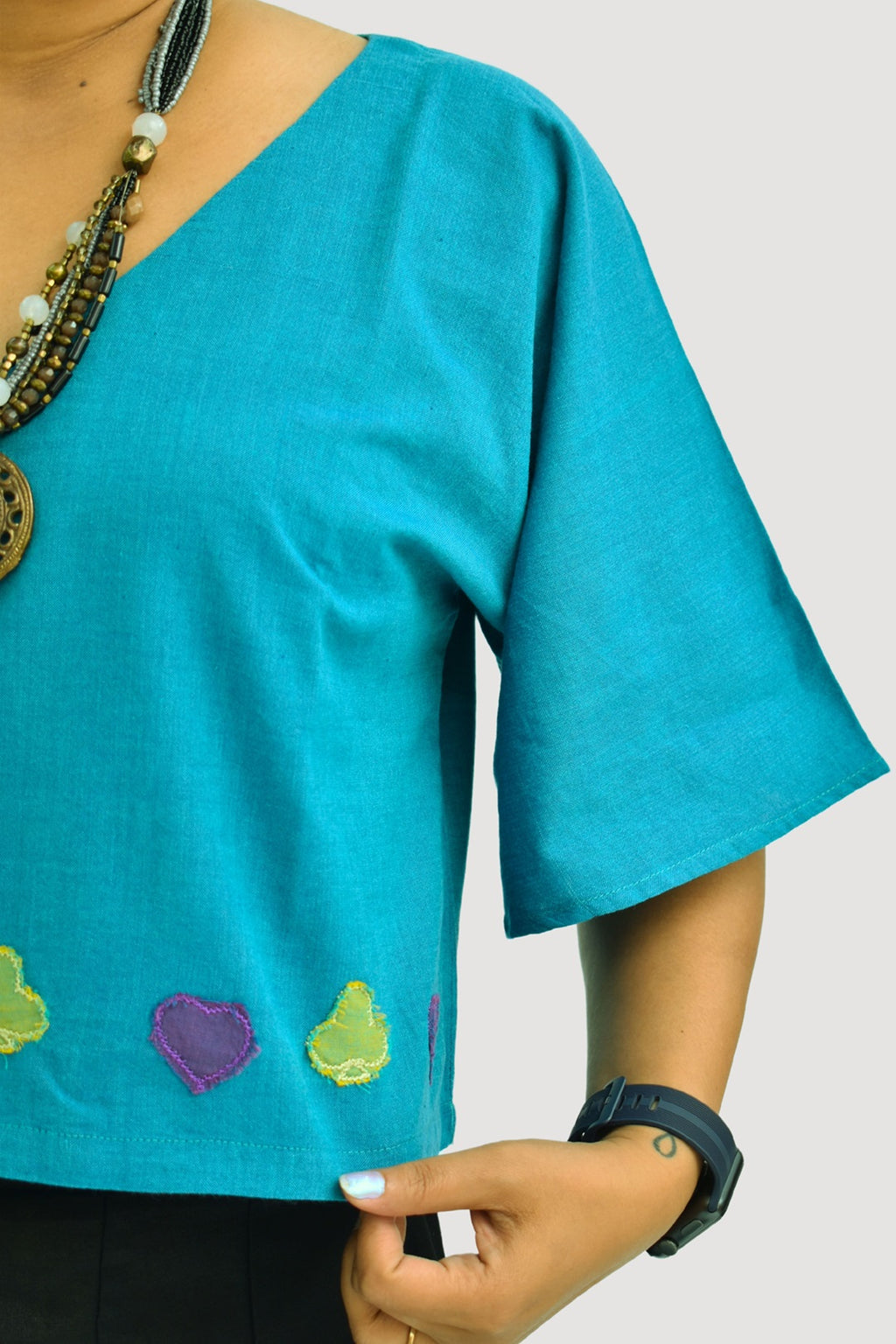 Pure Handloom Cotton Teal Blue Color with Patch Work Top