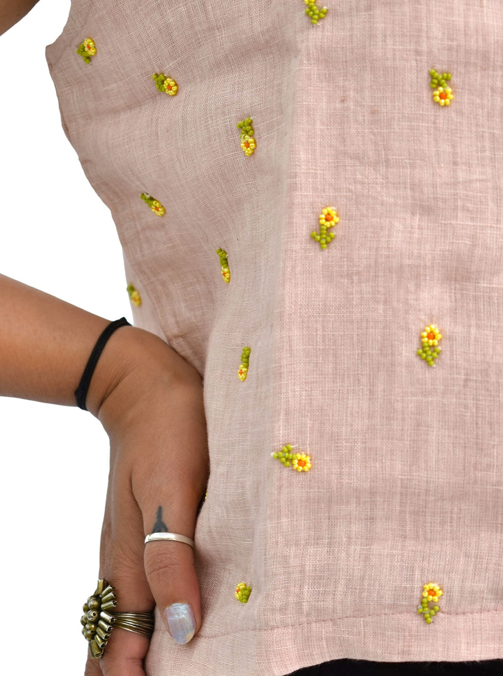 Pure Handloom Linen Heather Peach Hand-Embroidered Top