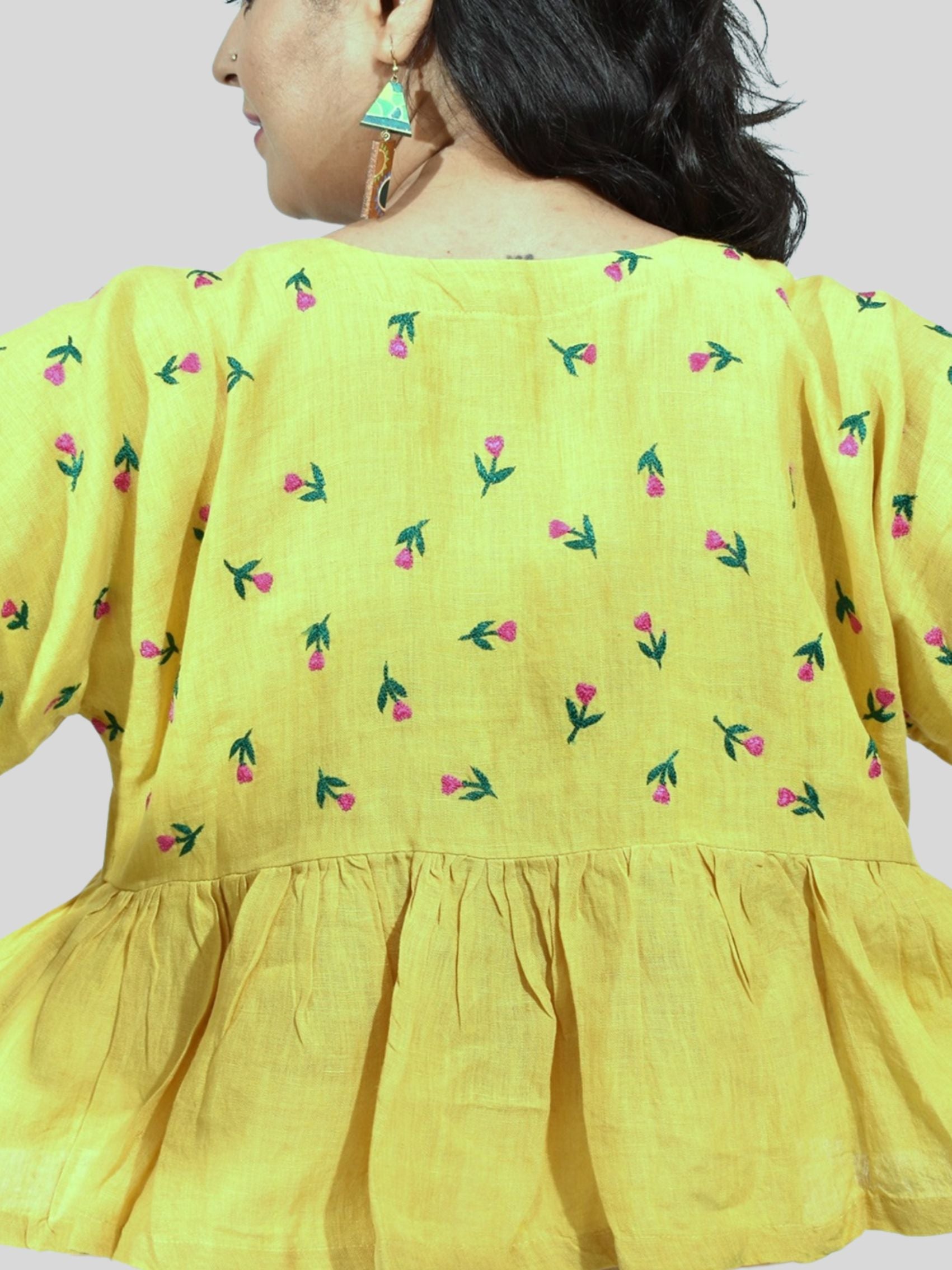 Pure Handloom Linen Haldi Yellow Hand-Embroidered Top