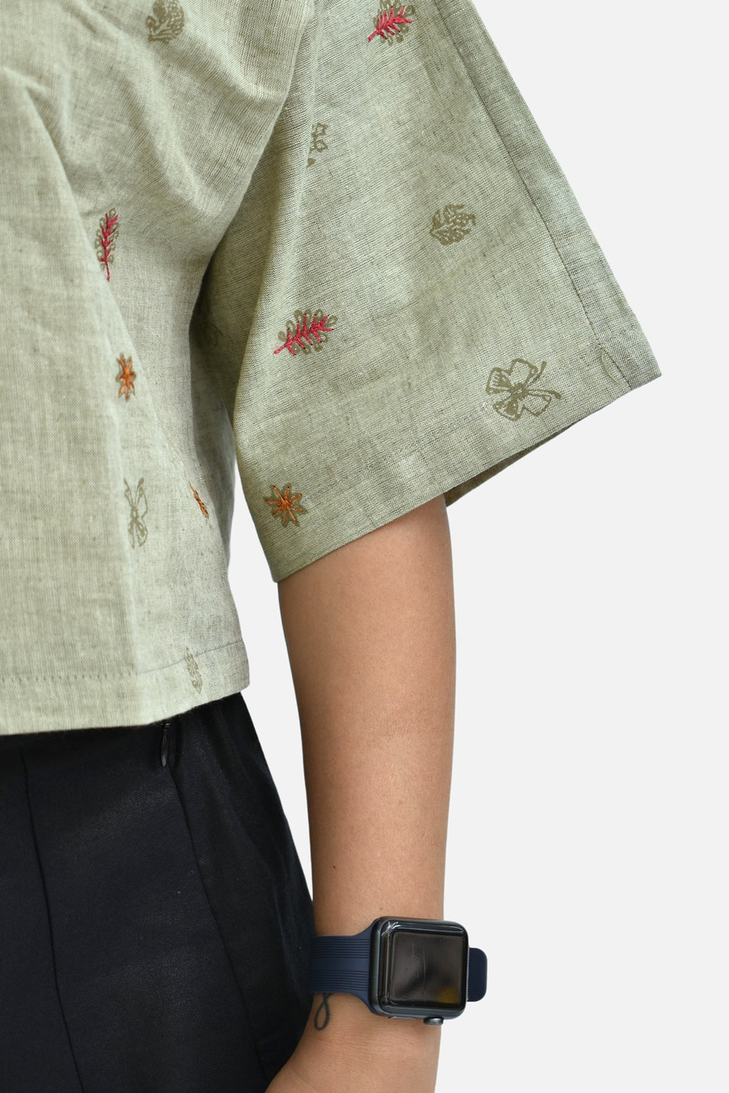 Pure Handloom Cotton Linen Earthy Green Color Hand embroidered Top