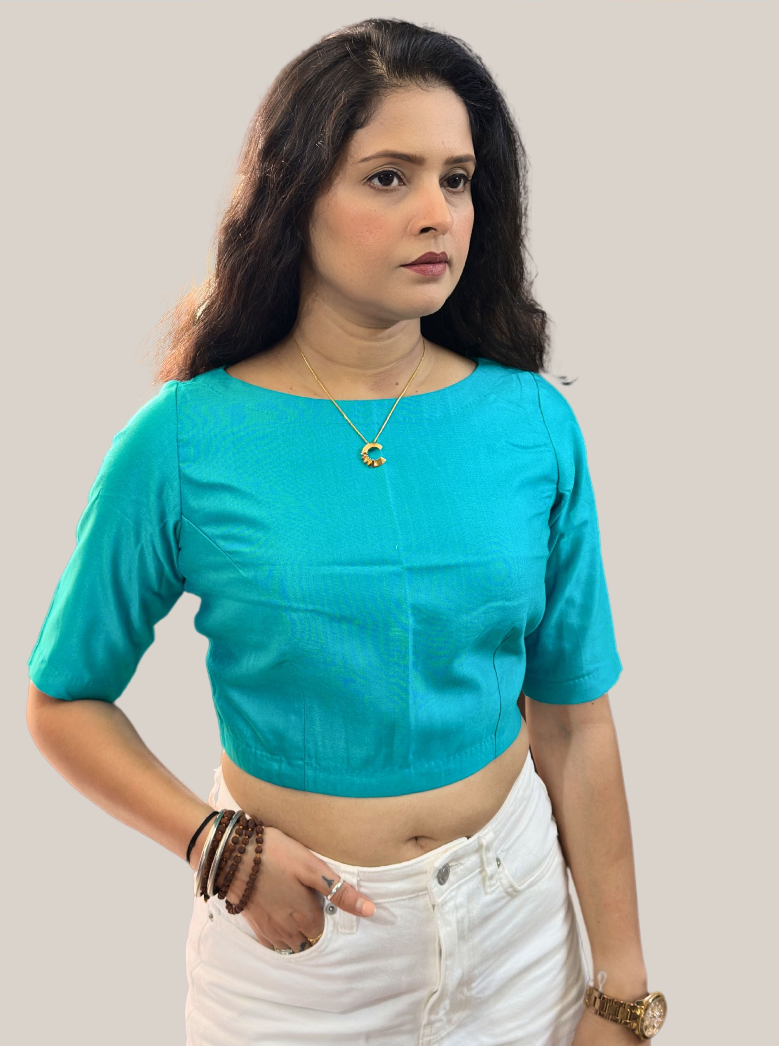 Boat Neck Turquoise Cotton Tussar Silk Blouse with Side Zipper