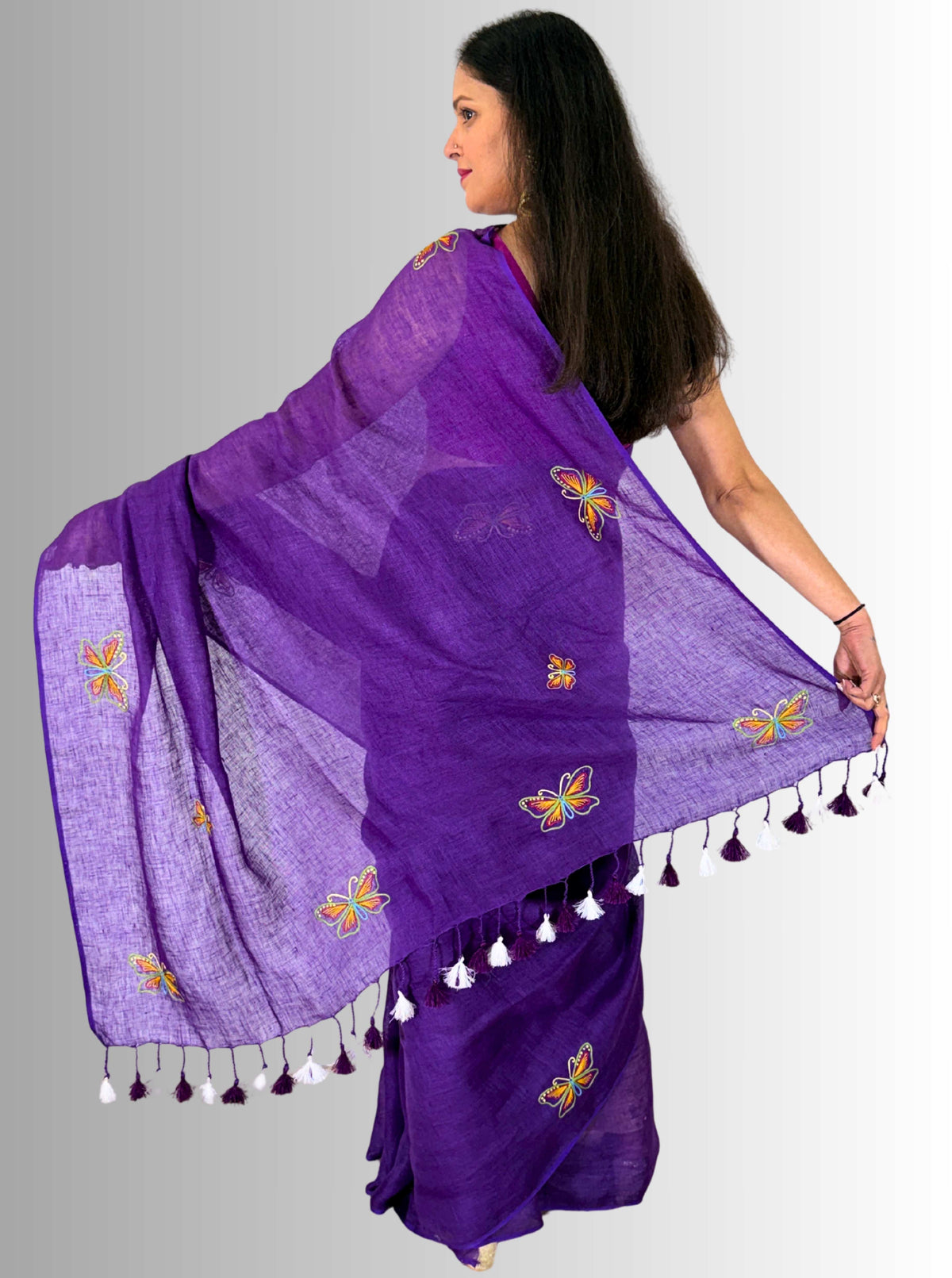handloom linen with blouse purple hand embroidered saree with butterfly motif