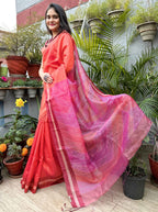 Pure handloom Orange and Pink Tussa Silk Saree with Jamdani work