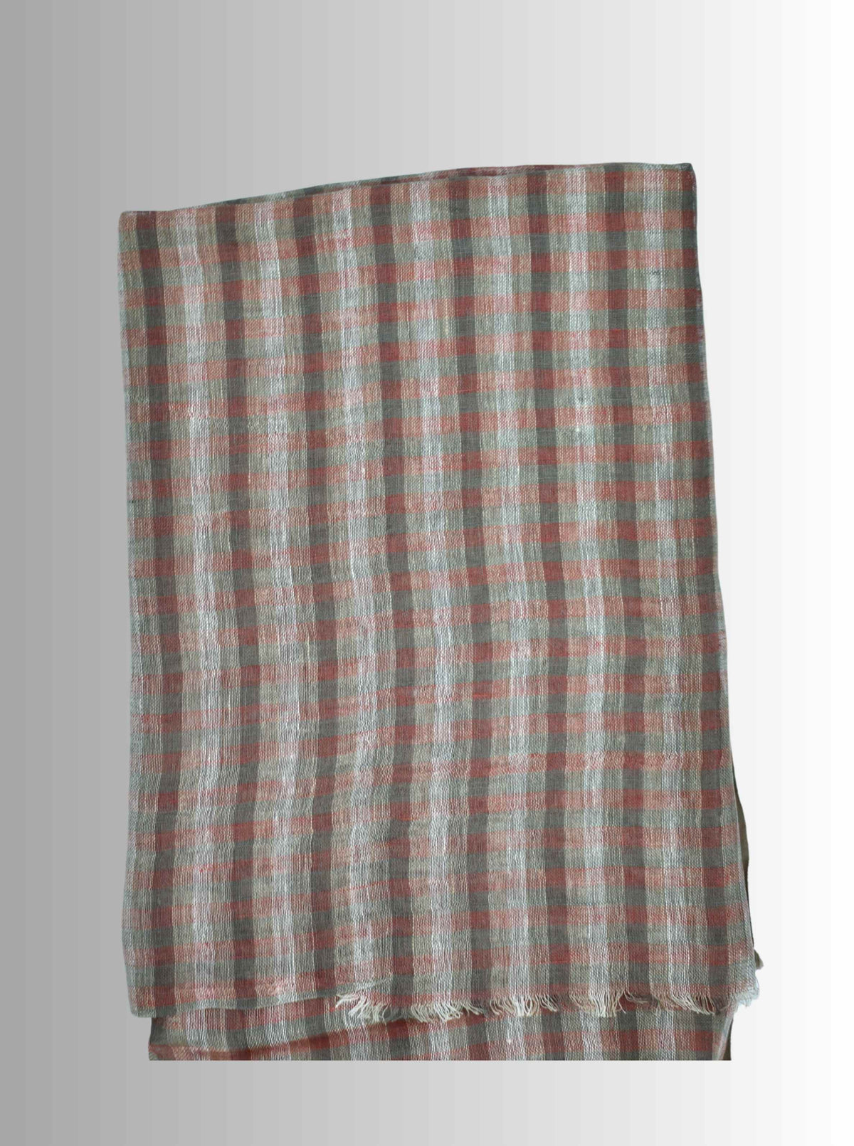 Pure Handloom Linen Beige Brown & Pink Check Saree