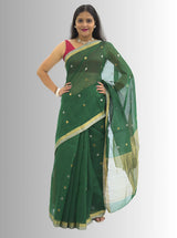 Chanderi Silk Green  Saree with Golden & Silver Border