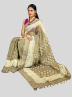 handloom linen soil beige colour dabu print sare with blouse