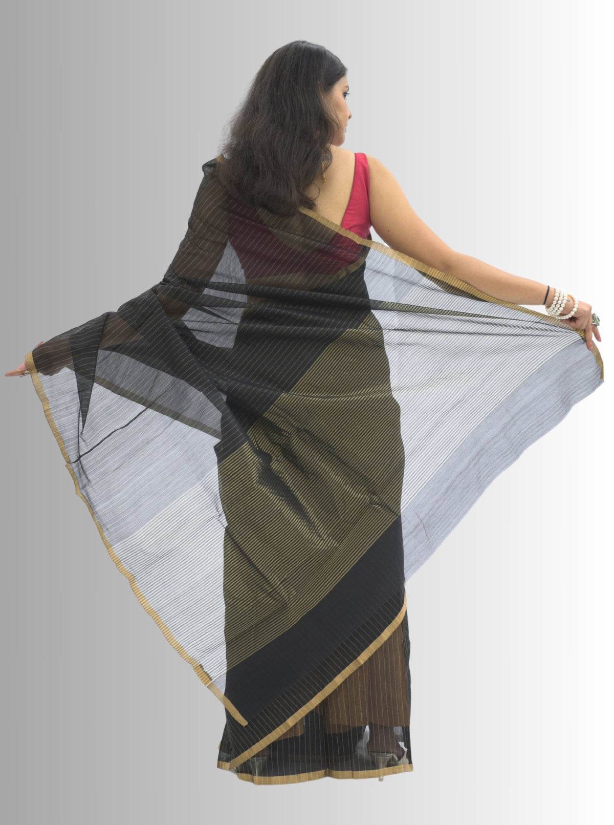 Chanderi Silk Black  Saree with Golden Zari Stripes