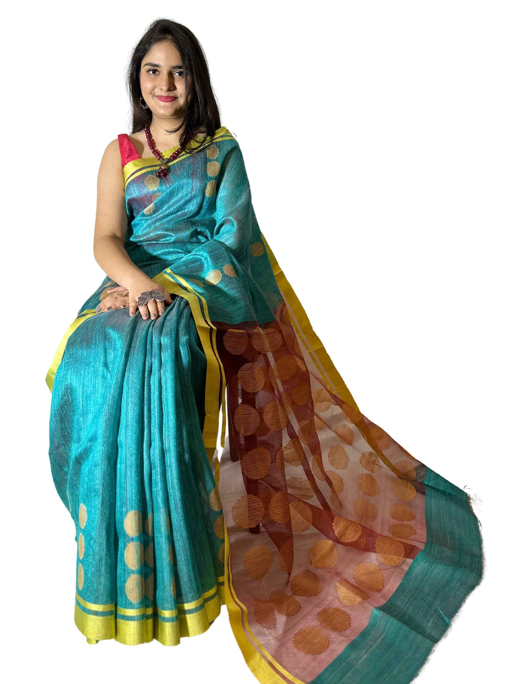 Pure handloom Teal Colour Tussar Silk Saree with Jamdani work