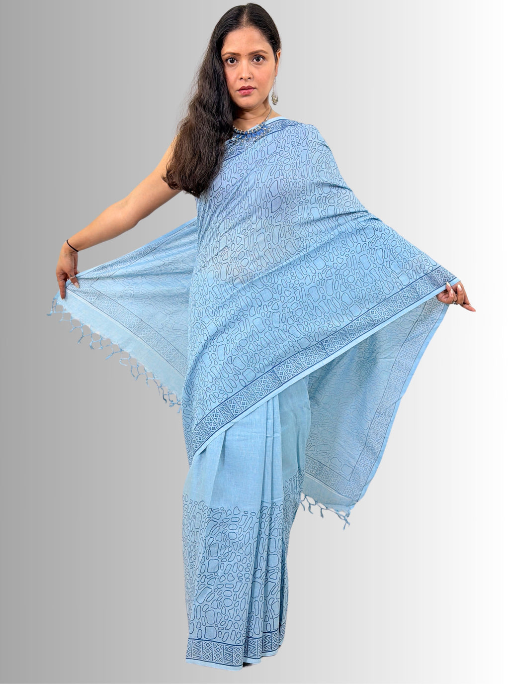 Handloom cotton linen sky blue jaal hand block print saree with blouse