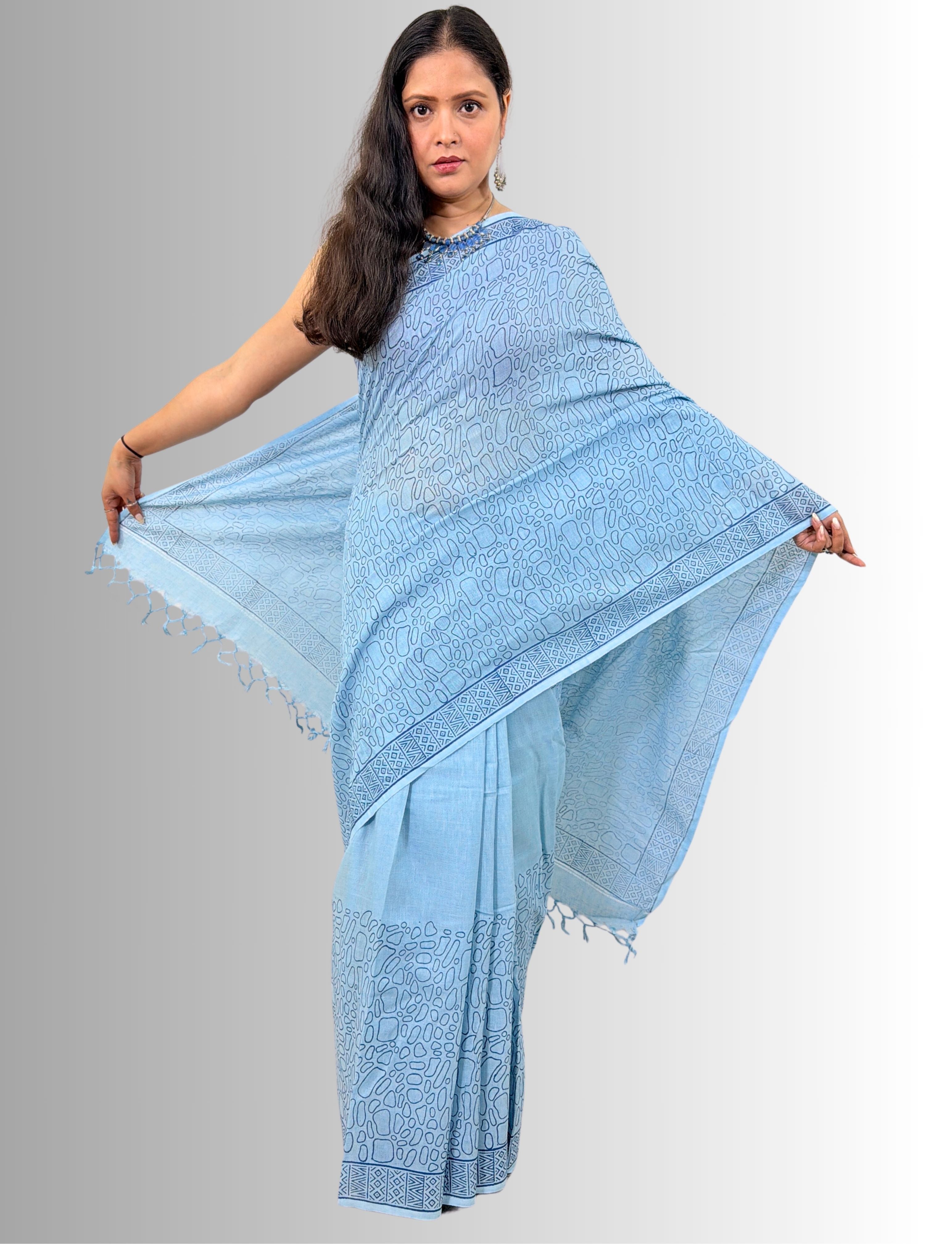 Handloom cotton linen sky blue jaal hand block print saree with blouse