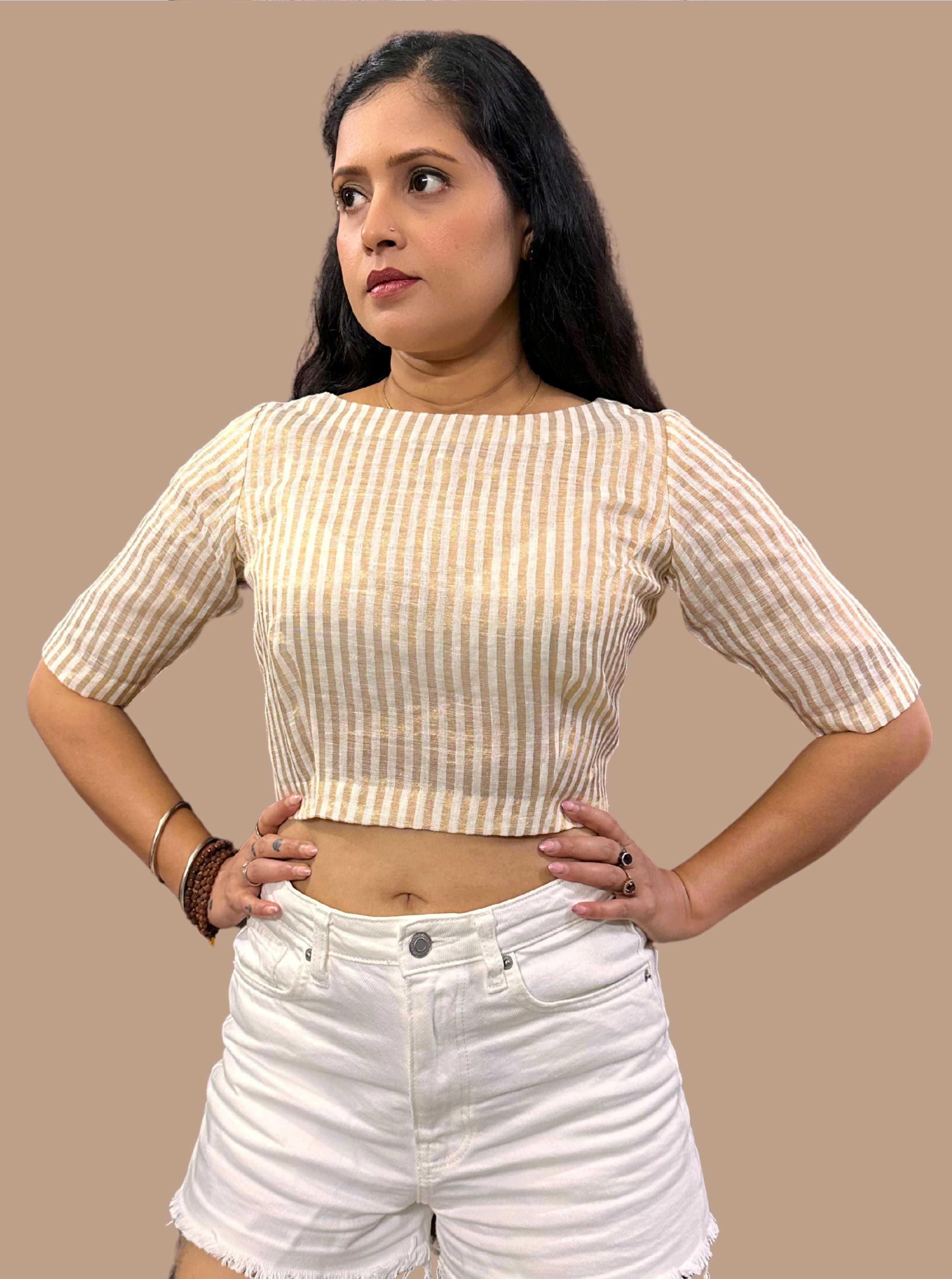 Handloom Golden Striped Tissue Linen Blouse with Boat Neck and Side Zippe