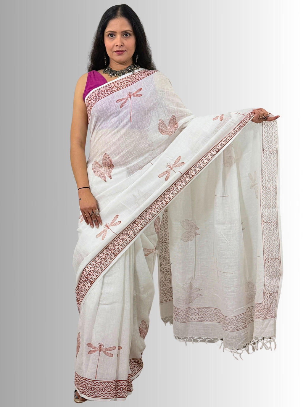 handloom cotton linen white hand block print saree with blouse