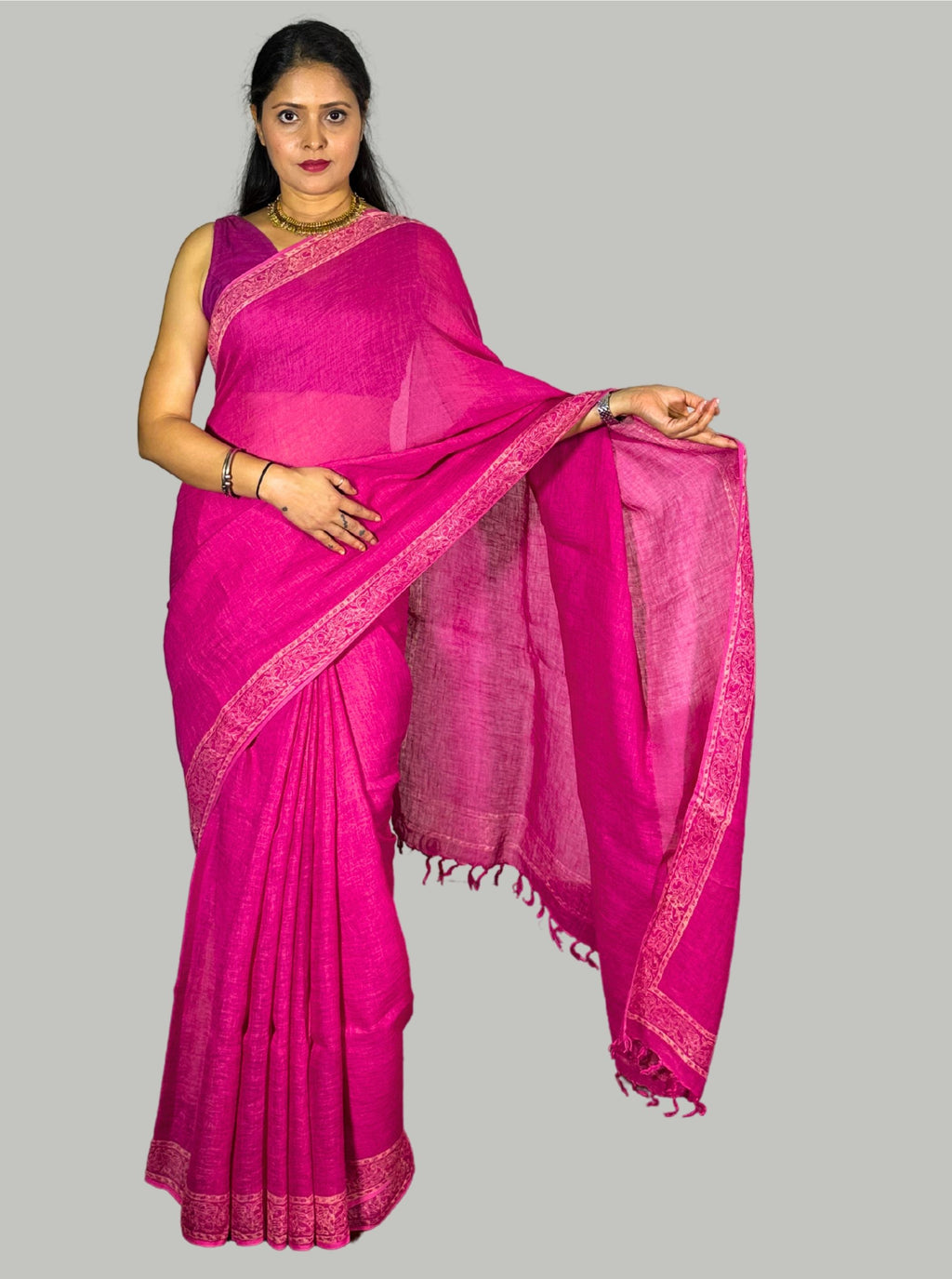 Pink handloom linen saree with hand block print with blouse