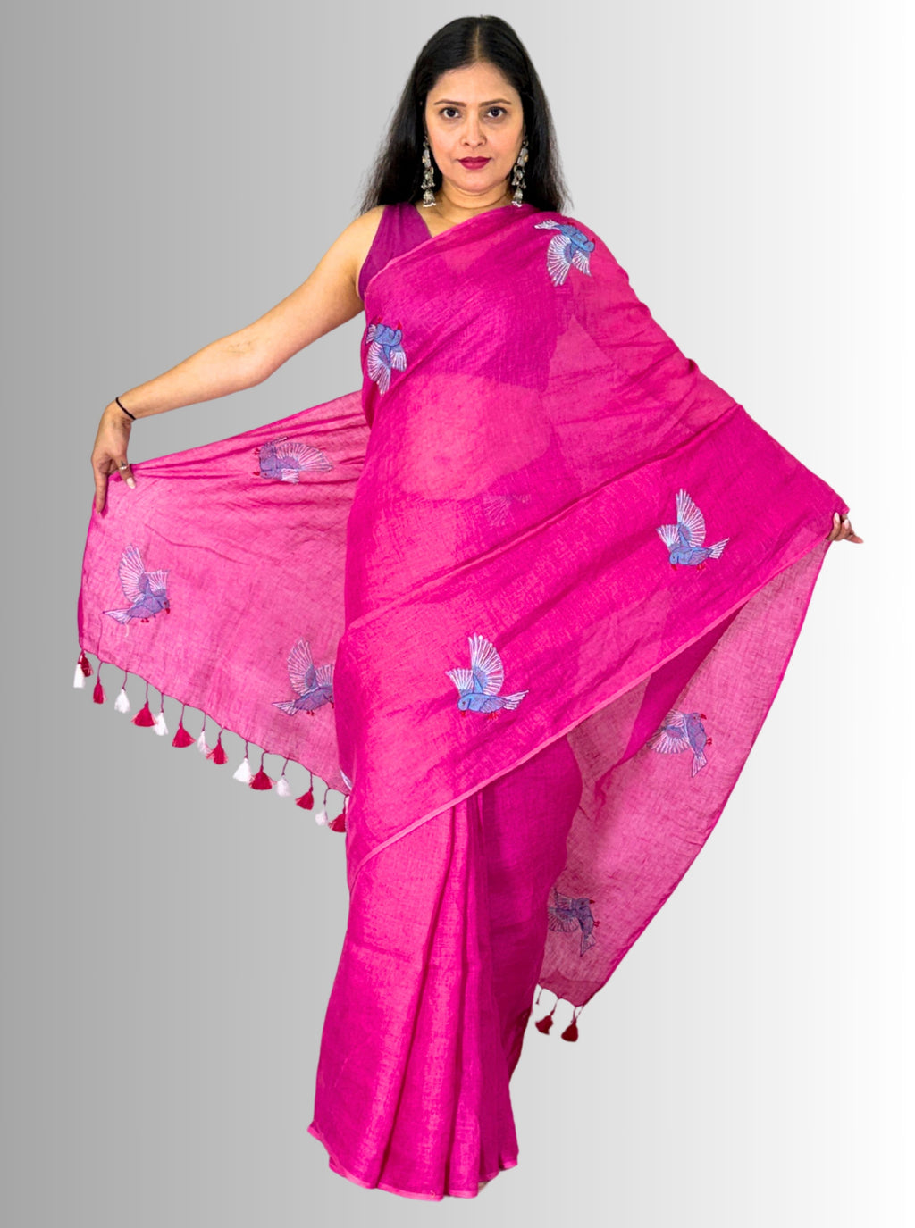 Fuchiya pink handloom hand embroiedry saree with blouse