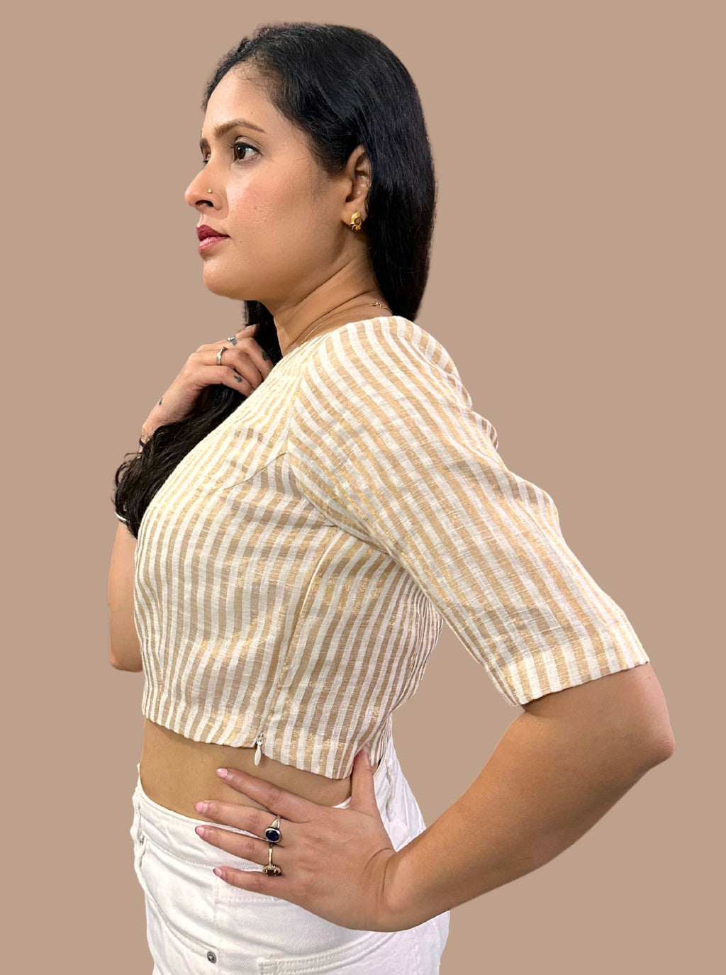 Handloom Golden Striped Tissue Linen Blouse with Boat Neck and Side Zippe