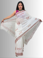 handloom cotton linen white hand block print saree with blouse