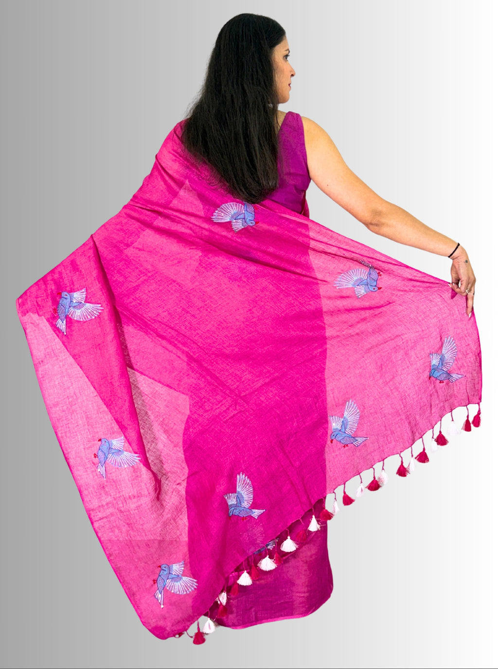 Fuchiya pink handloom hand embroiedry saree with blouse