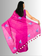 Fuchiya pink handloom hand embroiedry saree with blouse