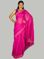 Pink handloom linen saree with hand block print with blouse