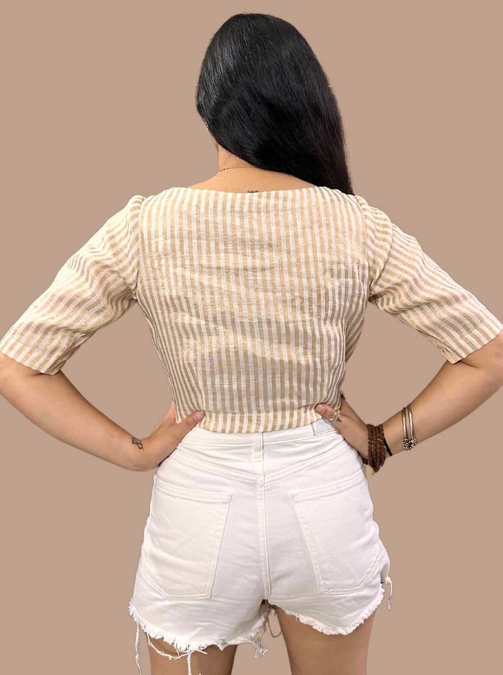 Handloom Golden Striped Tissue Linen Blouse with Boat Neck and Side Zippe
