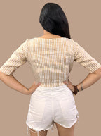 Handloom Golden Striped Tissue Linen Blouse with Boat Neck and Side Zippe