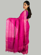 Pink handloom linen saree with hand block print with blouse