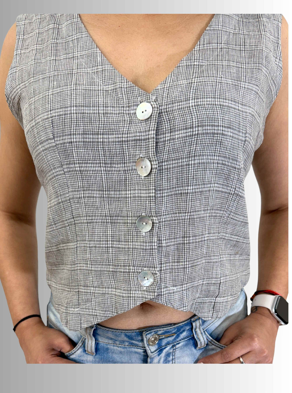 Handloom Grey Check Linen West Coat Top – Stylish Sleeveless Ethnic Layering Jacket for Women