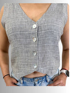 Handloom Grey Check Linen West Coat Top – Stylish Sleeveless Ethnic Layering Jacket for Women