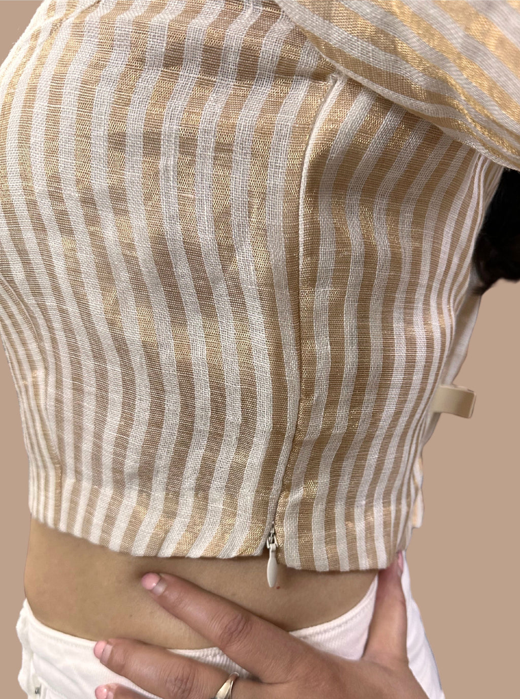 Handloom Golden Striped Tissue Linen Blouse with Boat Neck and Side Zippe
