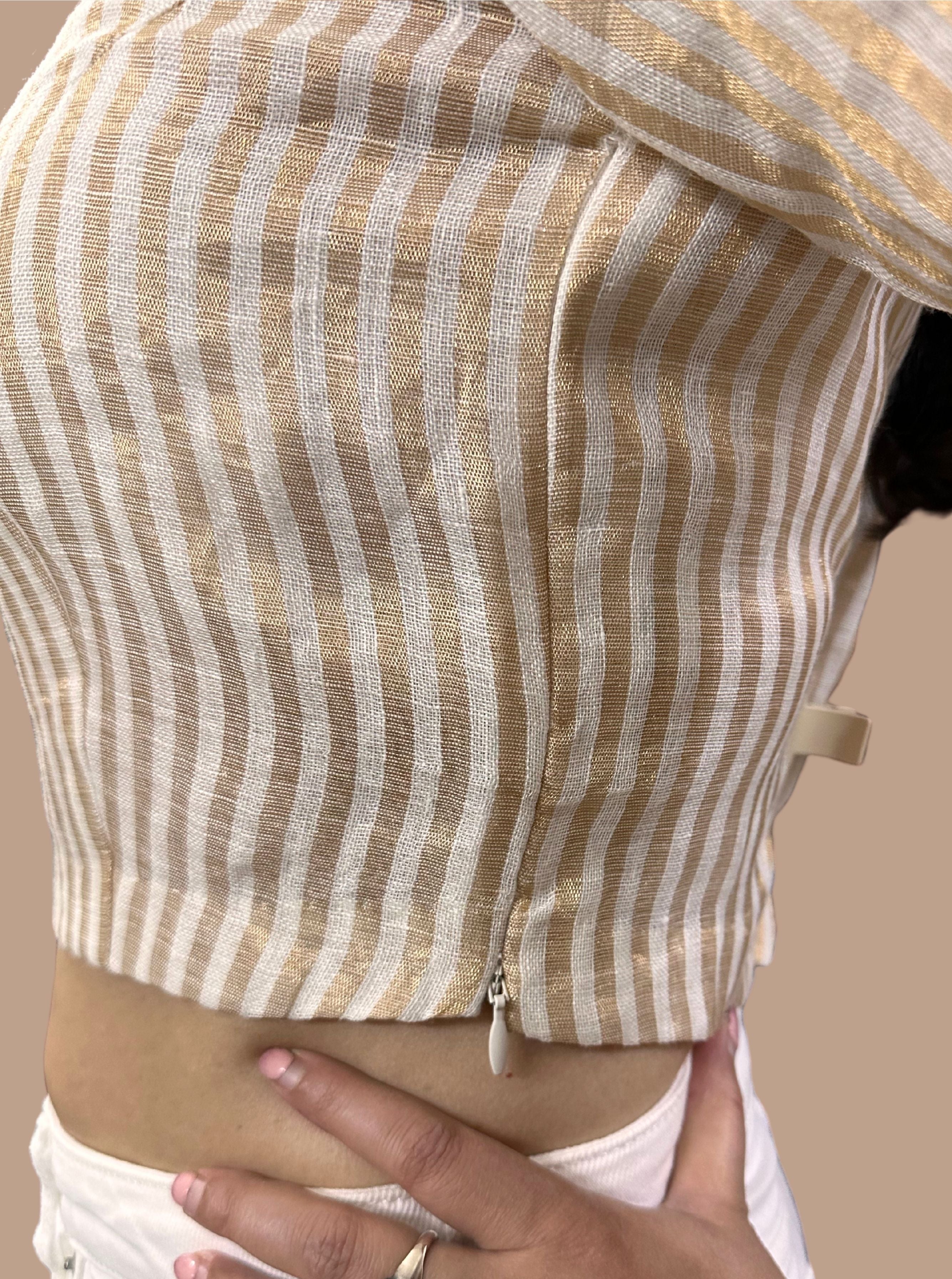 Handloom Golden Striped Tissue Linen Blouse with Boat Neck and Side Zippe