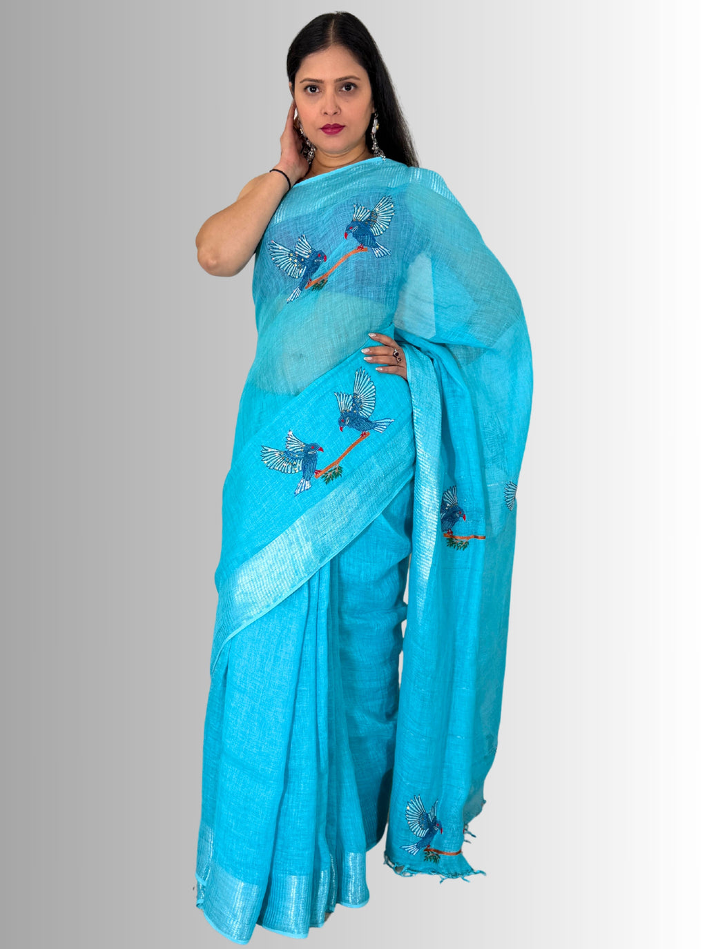 Turquise handloom linen  hand embroiedry saree with blouse