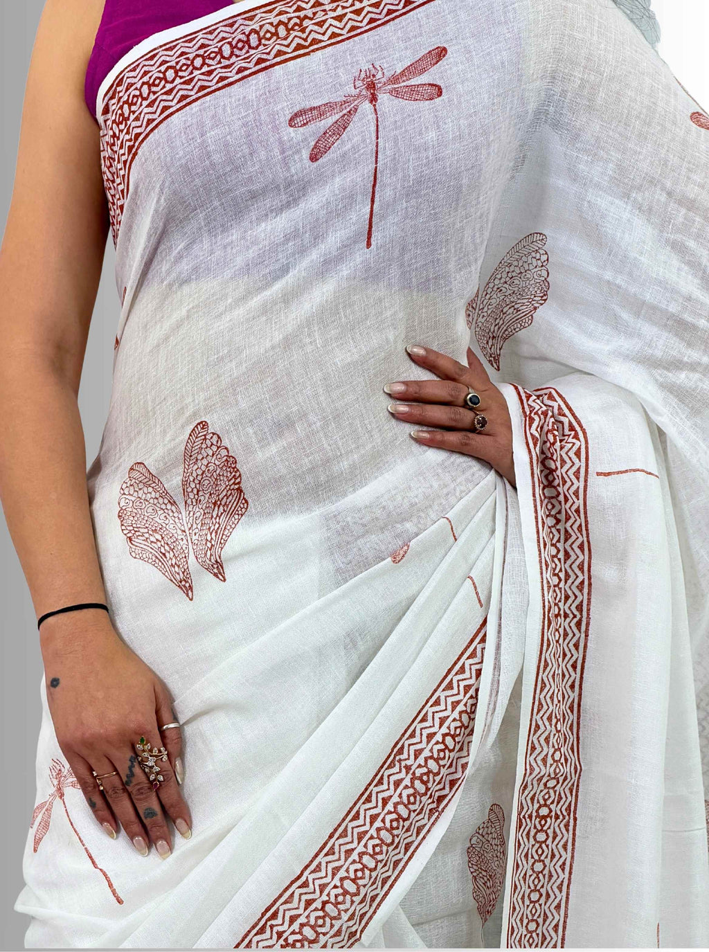 handloom cotton linen white hand block print saree with blouse