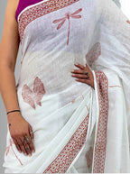 handloom cotton linen white hand block print saree with blouse