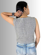 Handloom Grey Check Linen West Coat Top – Stylish Sleeveless Ethnic Layering Jacket for Women