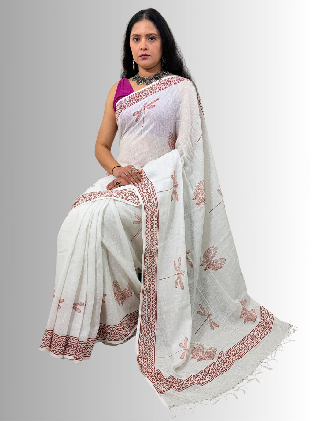 handloom cotton linen white hand block print saree with blouse