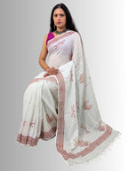 handloom cotton linen white hand block print saree with blouse