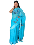 Turquise handloom linen  hand embroiedry saree with blouse