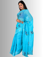 Turquise handloom linen  hand embroiedry saree with blouse