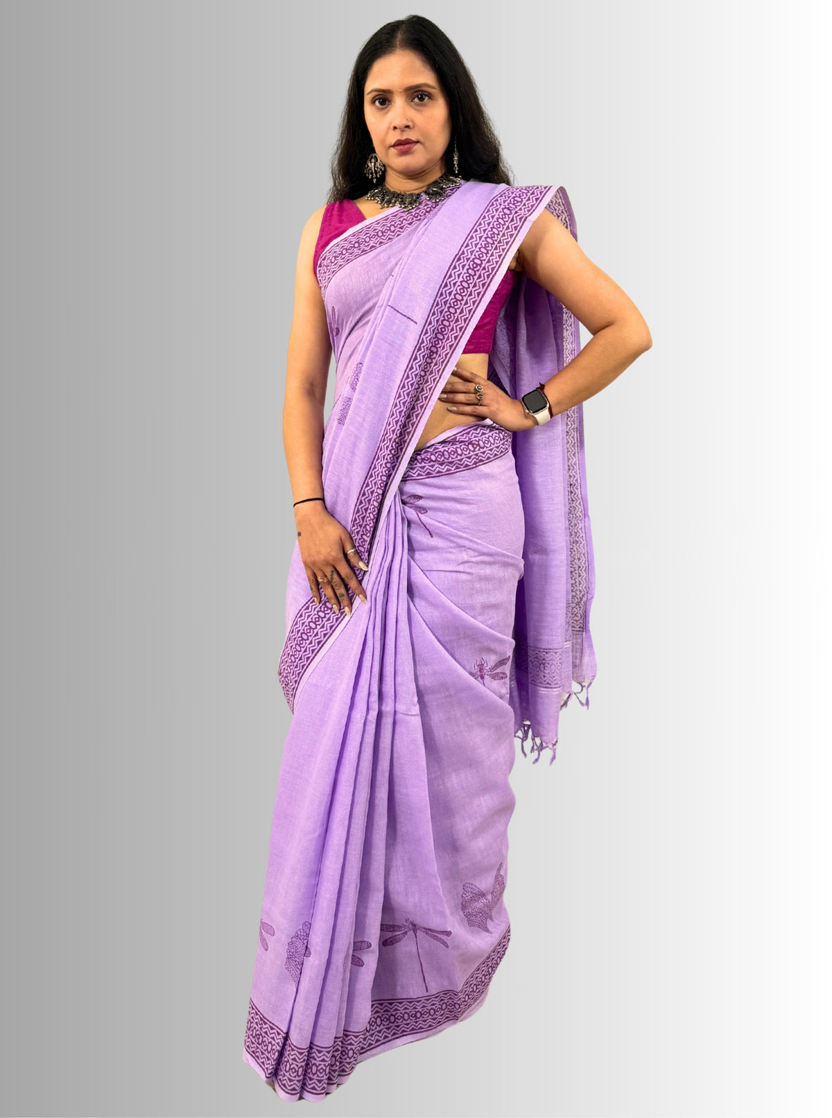 handloom cotton linen white hand block print saree with blouse
