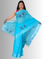Turquise handloom linen  hand embroiedry saree with blouse