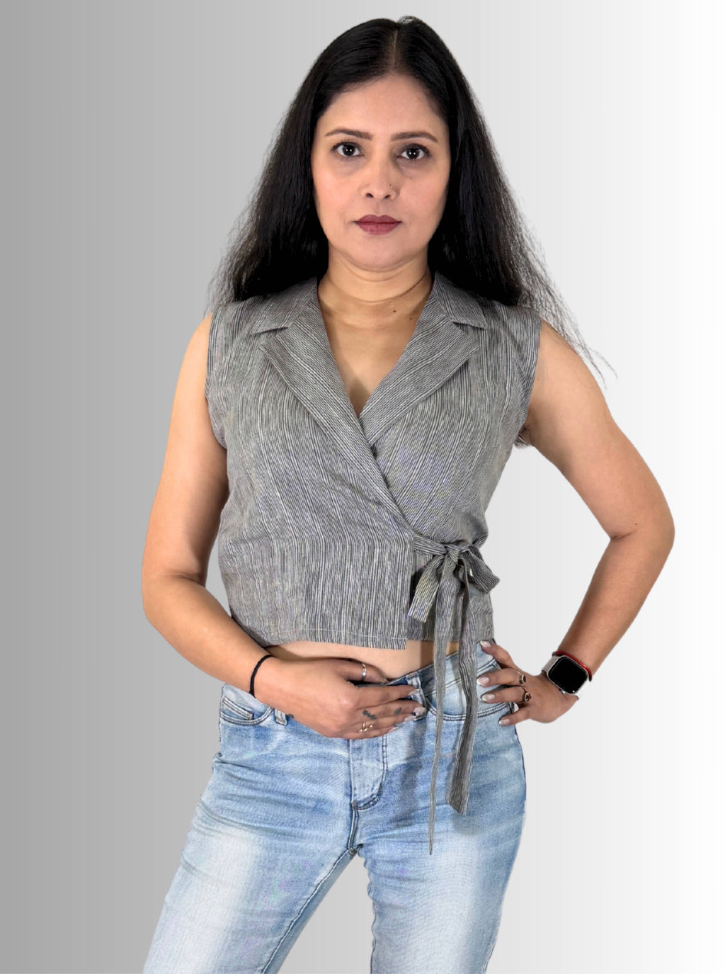 handloom linen grey pin stripes angrakha top
